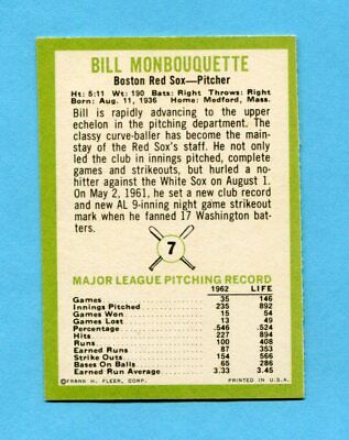 1963 Fleer #7 Bill Monbouquette Boston Red Sox Baseball Card NM o/c  