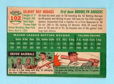 1954 Topps #102 Gil Hodges Brooklyn Dodgers Baseball Card Ex/Mt ap strs