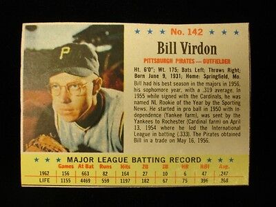 1963 Post #142 Bill Virdon Pittsburgh Pirates Card - VG-EX, No Creases