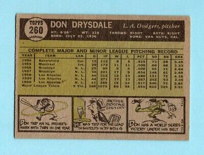 1961 Topps #260 Don Drysdale Los Angeles Dodgers Baseball Card EX  