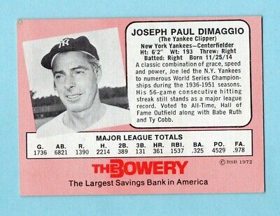 1972 Bowery Bank Joe DiMaggio New York Yankees Baseball Card EX - EX+  