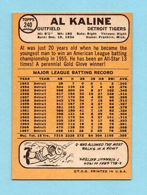 1968 Topps #240 Al Kaline Detroit Tigers Baseball Card NM o/c 