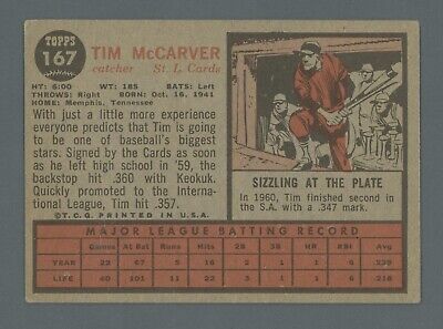 1962 Topps #167 Tim McCarver St. Louis Cardinals Rookie Baseball Card EX Gt Vari