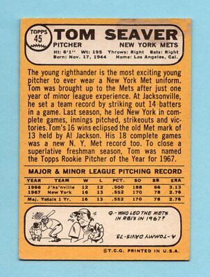 1968 Topps #45 Tom Seaver New York Mets Baseball Card EX ind str 