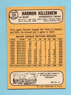 1968 Topps #220 Harmon Killebrew Minnesota Twins Baseball Card EX