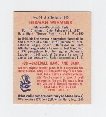 1949 Bowman #51 Herman Wehmeier Cincinnati Reds Baseball Card Ex/Mt   