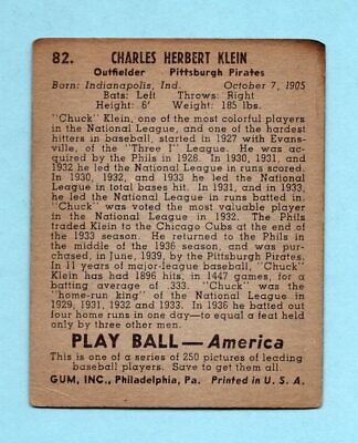 1939 Play Ball #82 Chuck Klein Pittsburgh Pirates Baseball Card Low Grade