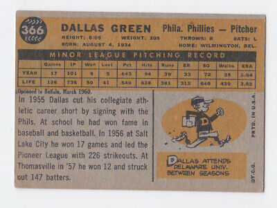 1960 Topps #366 Dallas Green Phila Phillies Rookie Baseball Card EX ap twrc