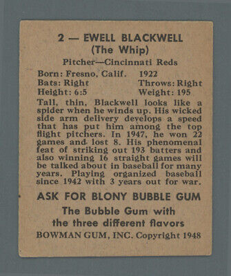 1948 Bowman #2 Ewell Blackwell Cincinnati Reds Rookie Baseball Card Ex - Ex+  