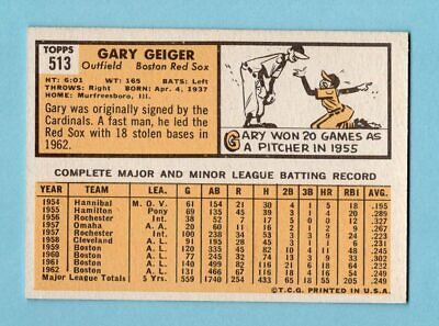 1963 Topps #513 Gary Geiger Boston Red Sox Baseball Card NM  