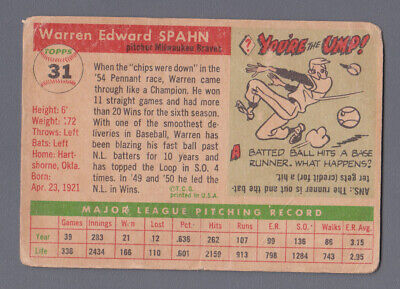 1955 Topps #31 Warren Spahn Milwaukee Braves Baseball Card Low Grade