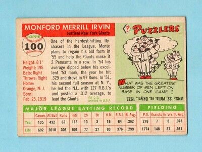 1955 Topps #100 Monte Irvin New York Giants Baseball Card EX