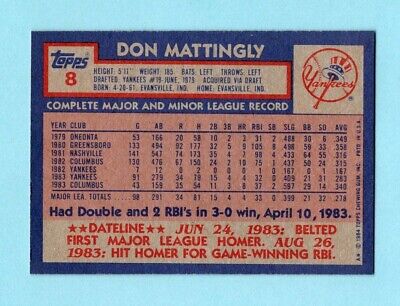 1984 Topps #8 Don Mattingly New York Yankees Rookie Baseball Card NM