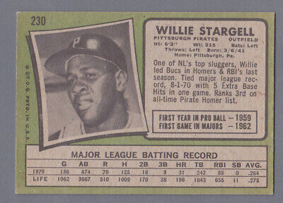 1971 Topps #230 Willie Stargell Pittsburgh Pirates Baseball Card Ex/Ex+