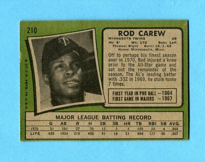 1971 Topps #210 Rod Carew Minnesota Twins Baseball Card EX inds