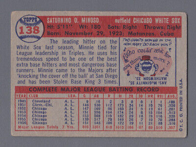 1957 Topps #138 Minnie Minoso Chicago White Sox Baseball Card Low Grade