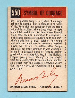 1959 Topps #550 Roy Campanella Symbol of Courage Baseball Card VG+ wrk