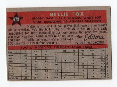 1958 Topps #479 Nellie Fox All-Star Chicago White Sox Baseball Card VG+ lgt wrks