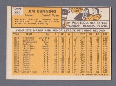 1963 Topps #365 Jim Bunning Detroit Tigers Baseball Card NM o/c 