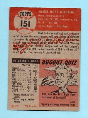 1953 Topps #151 Hoyt Wilhelm New York Giants Baseball Card EX