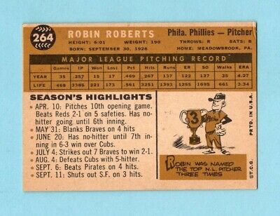 1960 Topps #264 Robin Roberts Philadelphia Phillies Baseball Card Ex - Ex+ 