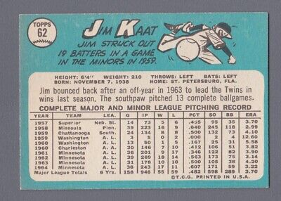 1965 Topps #62 Jim Kaat Minnesota Twins Baseball Card Ex/Mt prt mk tr