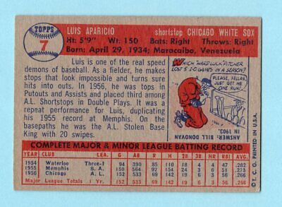 1957 Topps #7 Luis Aparicio Chicago White Sox Baseball Card EX+