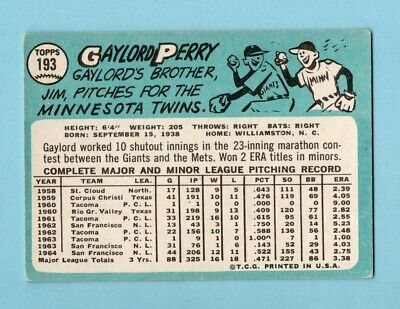 1965 Topps #193 Gaylord Perry San Francisco Giants Baseball Card Vg/Ex    