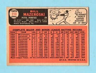 1966 Topps #210 Bill Mazeroski Pittsburgh Pirates Baseball Card Ex/Mt