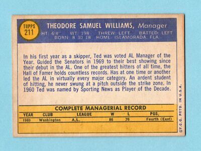 1970 Topps #211 Ted Williams Washington Senators Baseball Card EX   