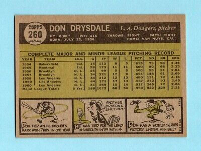 1961 Topps #260 Don Drysdale Los Angeles Dodgers Baseball Card Ex/Mt