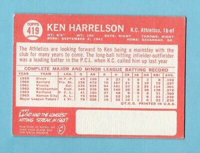 1964 Topps #419 Ken Harrelson Kansas City Athletics Rookie Baseball Card EX     