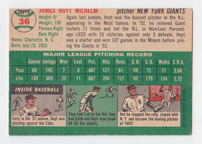 1954 Topps #36 Hoyt Wilhelm New York Giants Baseball Card EX+