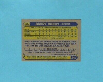 1987 Topps #320 Barry Bonds Pittsburgh Pirates Rookie Baseball Card NM