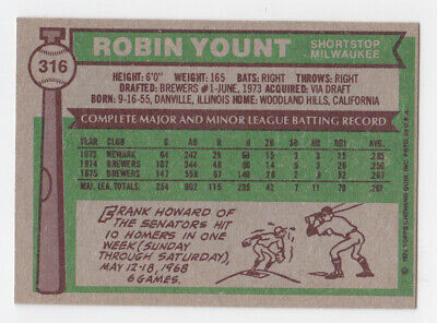 1976 Topps #316 Robin Yount Milwaukee Brewers Baseball Card Ex/Mt