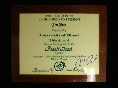 Jim Burt U. Miami 1981 Peach Bowl Award Plaque – Autographed – EX-NM