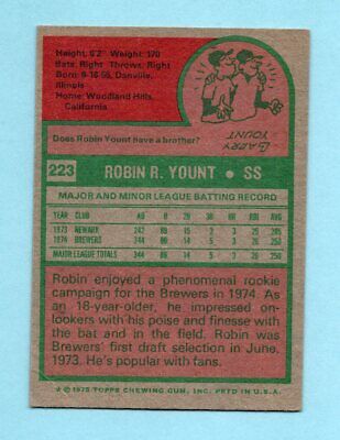 1975 Topps #223 Robin Yount Milw Brewers Rookie Baseball Card Ex-Ex+ ap wrk/cres