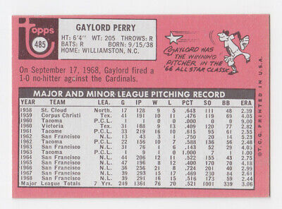 1969 Topps #485 Gaylord Perry San Francisco Giants Baseball Card NM o/c