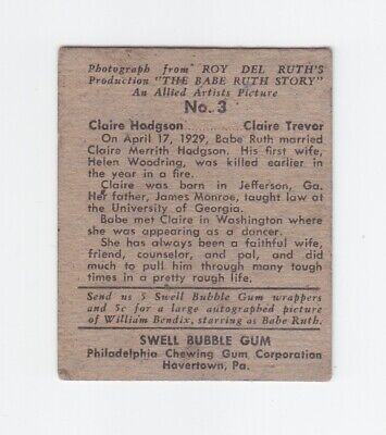 1948 Swell Babe Ruth Story #3 Claire Hodgson Baseball Card TRIMMED 