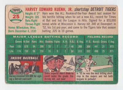 1954 Topps #25 Harvey Kuenn Detroit Tigers Baseball Card Low Grade