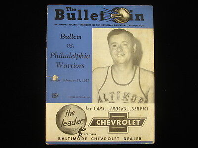 February 17, 1952 Philadelphia Warriors @ Baltimore Bullets Program