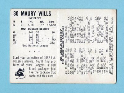 1962 Bell Brand #30 Maury Wills Los Angeles Dodgers Baseball Card Vg/Ex  