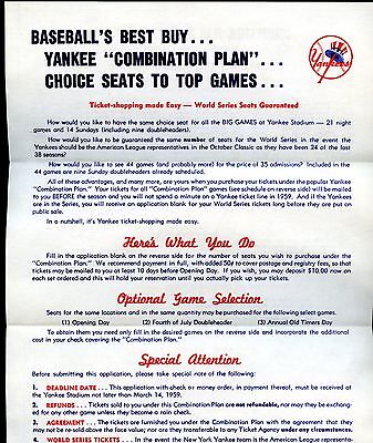 1959 New York Yankees Baseball Combination Ticket Plan Order Form