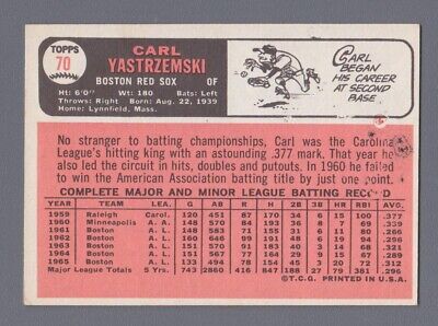 1966 Topps #70 Carl Yastrzemski Boston Red Sox Baseball Card Ex/Mt prt mk