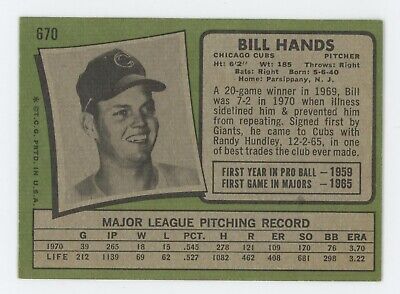 1971 Topps #670 Bill Hands Chicago Cubs High Number Baseball Card Ex/Mt  