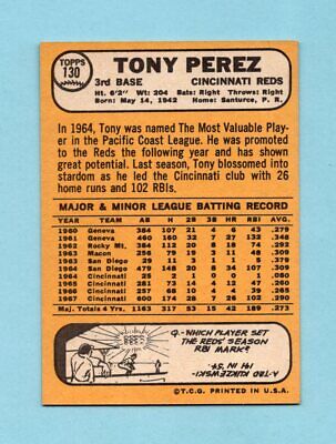 1968 Topps #130 Tony Perez Cincinnati Reds Baseball Card NM app chp/scr on frt 