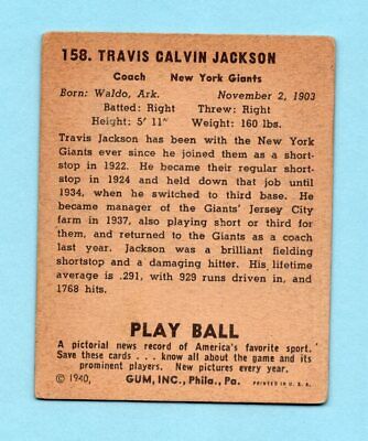 1940 Play Ball #158 Travis Jackson New York Giants Baseball Card EX