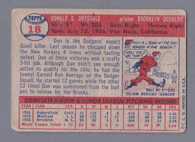 1957 Topps #18 Don Drysdale Rookie Brooklyn Dodgers Baseball Card Low Grade