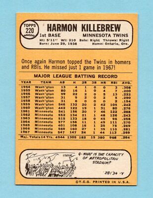 1968 Topps #220 Harmon Killebrew Minnesota Twins Baseball Card EX+ 