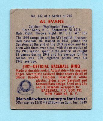 1949 Bowman #132 Al Evans Washington Senators Baseball Card Vg/Ex wrk 